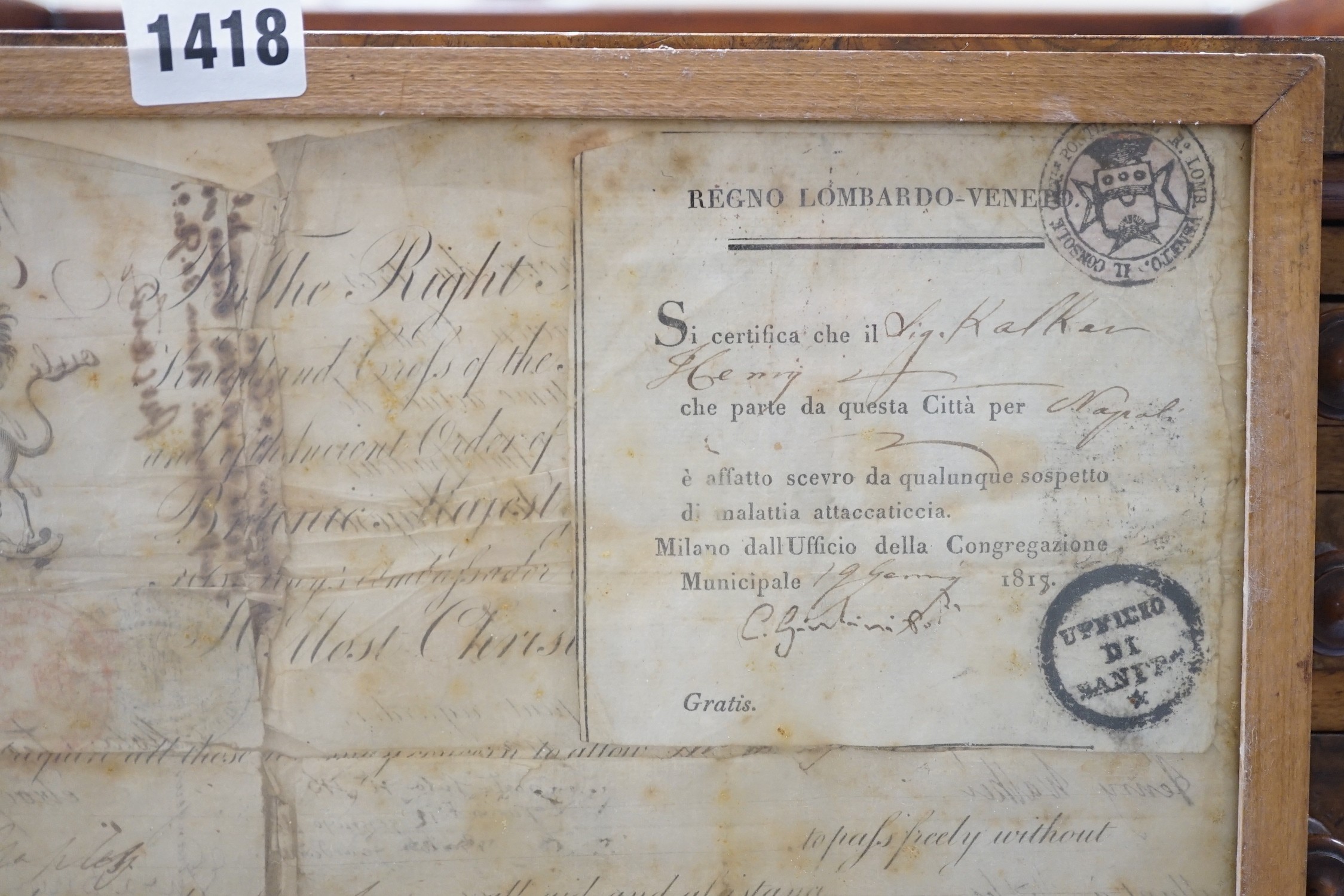 A framed quantity of historical ambassadorial documents relating to The right honourable Charles Stewart KCB, including passports relating for Paris and Rome c.1818